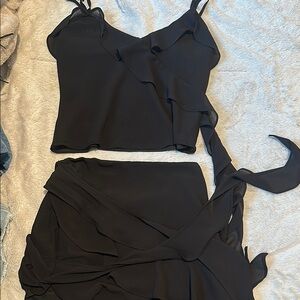 Black Ruffle Wrap Top and Skirt Set